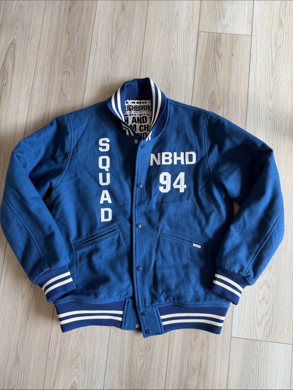 Neighborhood Blue Varsity Jacket with White 'SQUAD' & 'NBHD 94' Lettering